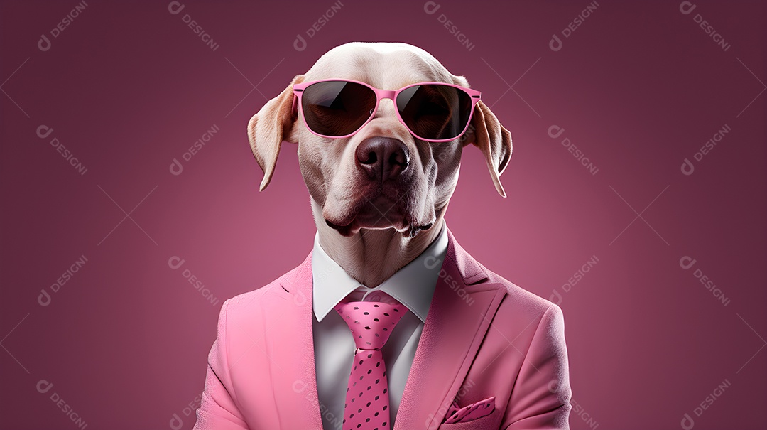 Imagem de um cachorro usando óculos de sol e um terno em um cenário que sugere um ambiente formal ou de negócios