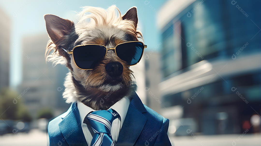 Imagem de um cachorro usando óculos de sol e um terno em um cenário que sugere um ambiente formal ou de negócios