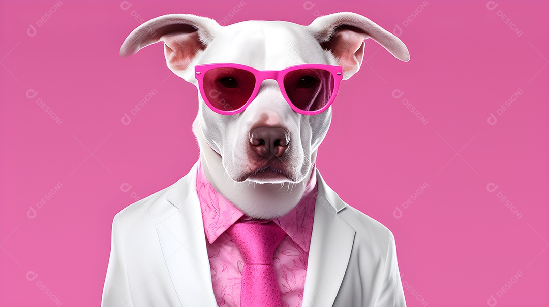 Imagem de um cachorro usando óculos de sol e um terno em um cenário que sugere um ambiente formal ou de negócios