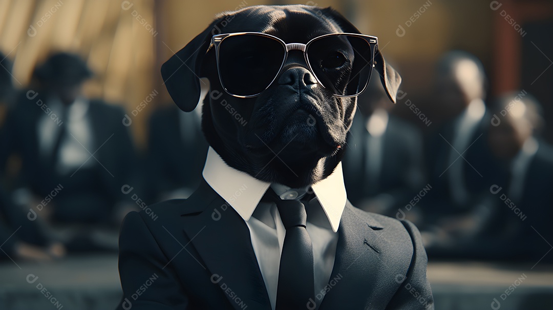 Imagem de um cachorro usando óculos de sol e um terno em um cenário que sugere um ambiente formal ou de negócios