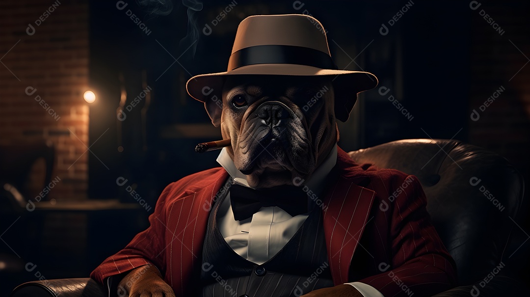 Imagem de um cachorro usando um terno em um cenário que sugere um ambiente formal ou de negócios