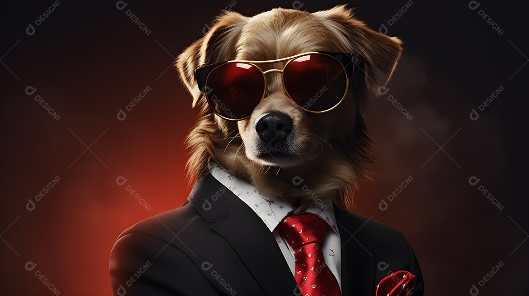 Imagem de um cachorro usando óculos de sol e um terno em um cenário que sugere um ambiente formal ou de negócios