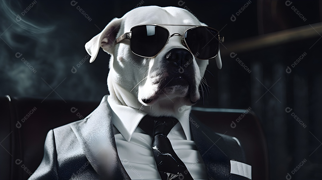 Imagem de um cachorro usando óculos de sol e um terno em um cenário que sugere um ambiente formal ou de negócios