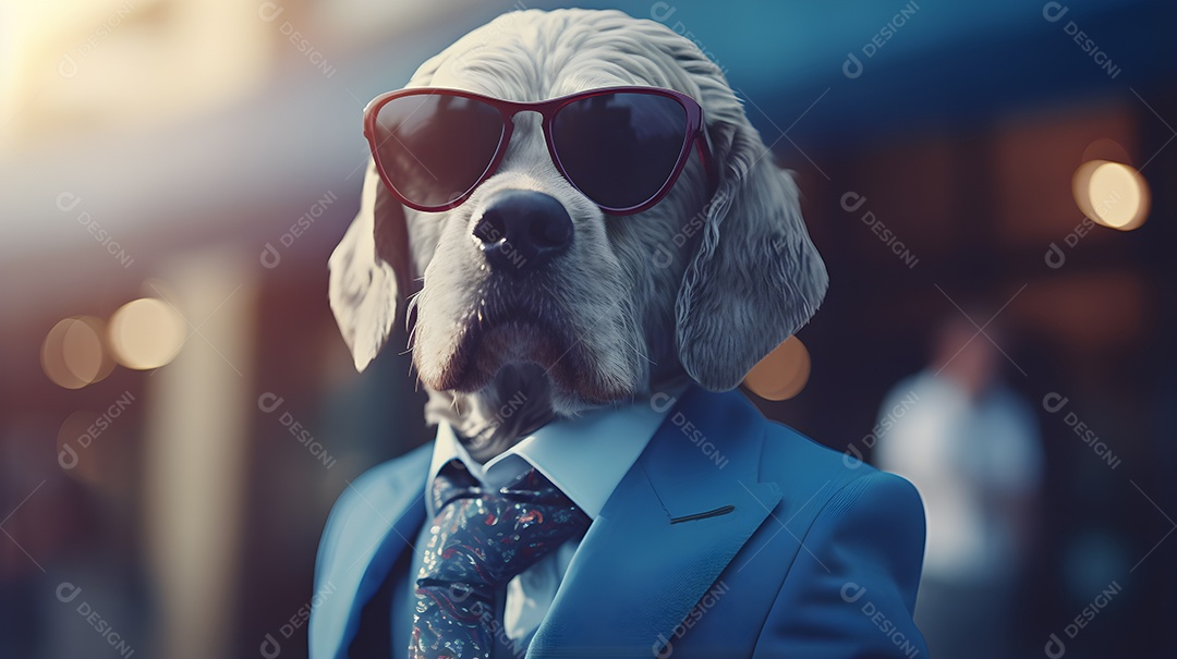 Imagem de um cachorro usando óculos de sol e um terno em um cenário que sugere um ambiente formal ou de negócios
