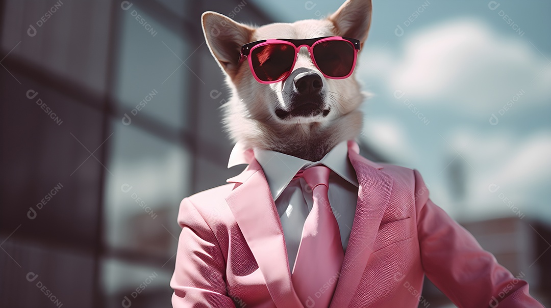 Imagem de um cachorro usando óculos de sol e um terno em um cenário que sugere um ambiente formal ou de negócios