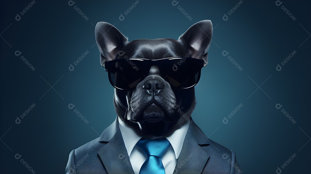 Imagem de um cachorro usando óculos de sol e um terno em um cenário que sugere um ambiente formal ou de negócios