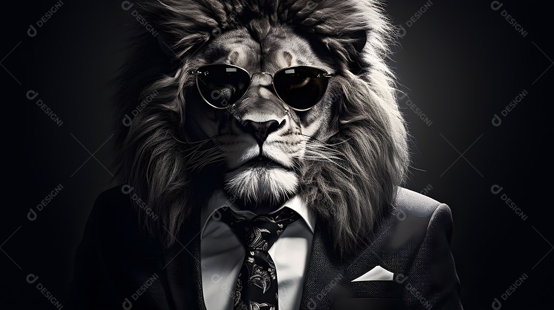 Imagem de um leão usando óculos de sol e um terno em um cenário que sugere um ambiente formal ou de negócios