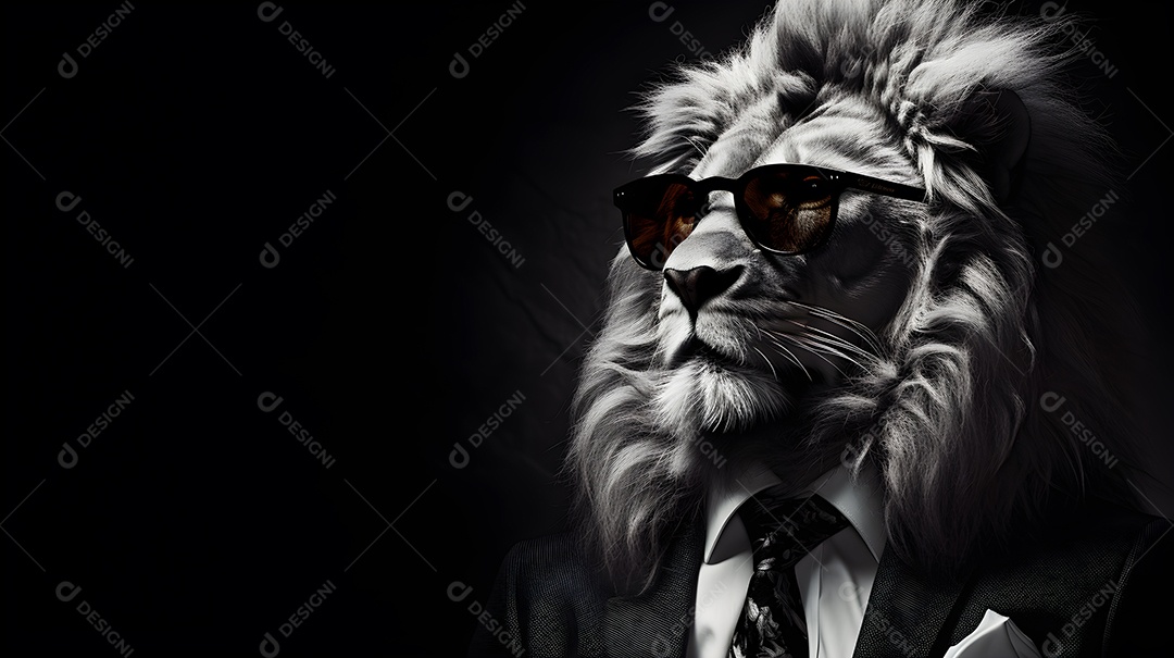 Imagem de um leão usando óculos de sol e um terno em um cenário que sugere um ambiente formal ou de negócios