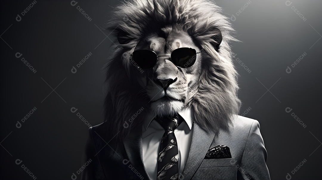 Imagem de um leão usando óculos de sol e um terno em um cenário que sugere um ambiente formal ou de negócios