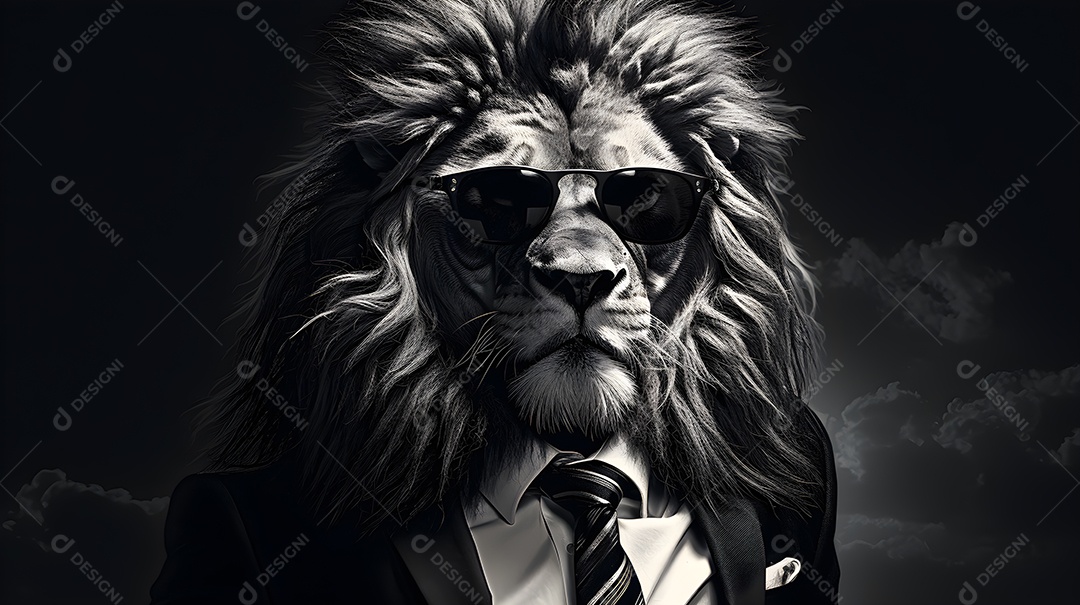 Imagem de um leão usando óculos de sol e um terno em um cenário que sugere um ambiente formal ou de negócios