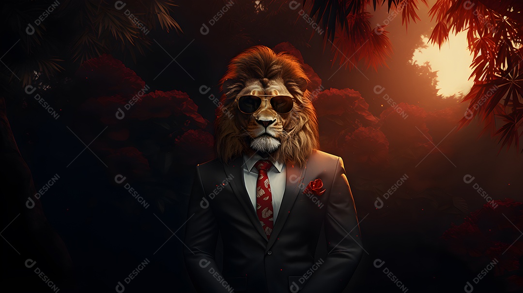 Imagem de um leão usando óculos de sol e um terno em um cenário que sugere um ambiente formal ou de negócios