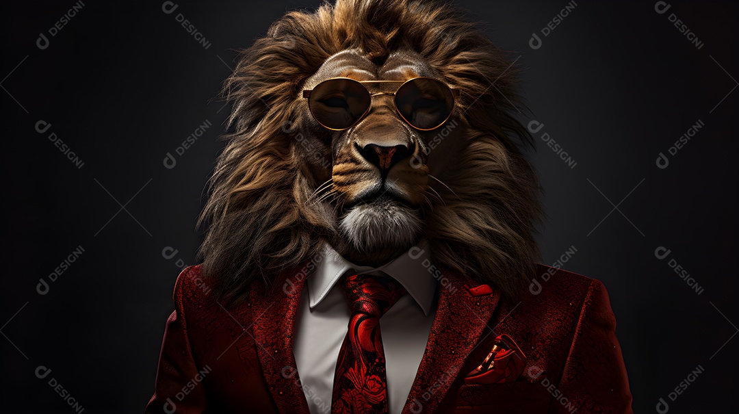 Imagem de um leão usando óculos de sol e um terno em um cenário que sugere um ambiente formal ou de negócios