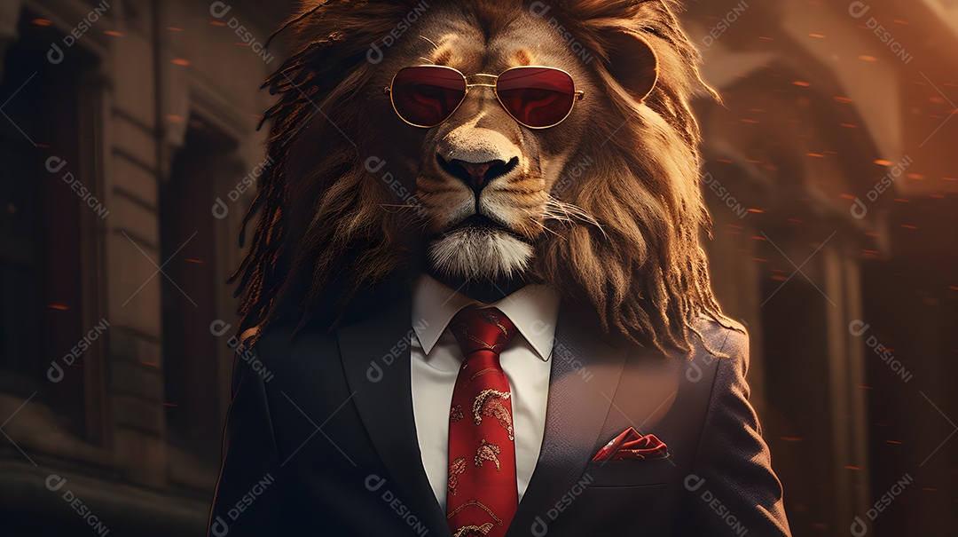 Imagem de um leão usando óculos de sol e um terno em um cenário que sugere um ambiente formal ou de negócios