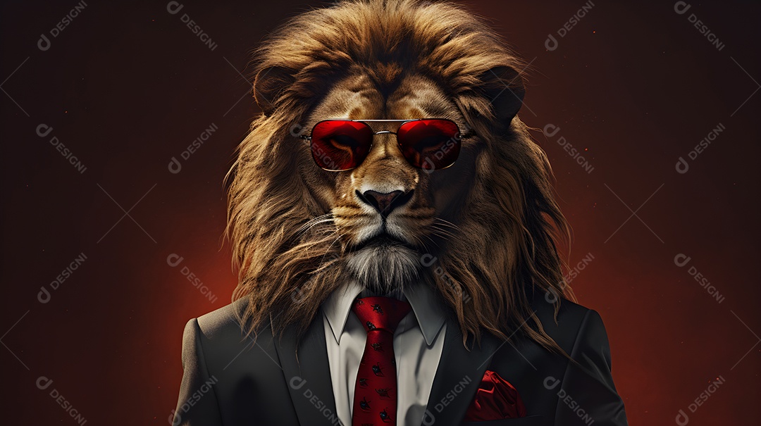 Imagem de um leão usando óculos de sol e um terno em um cenário que sugere um ambiente formal ou de negócios