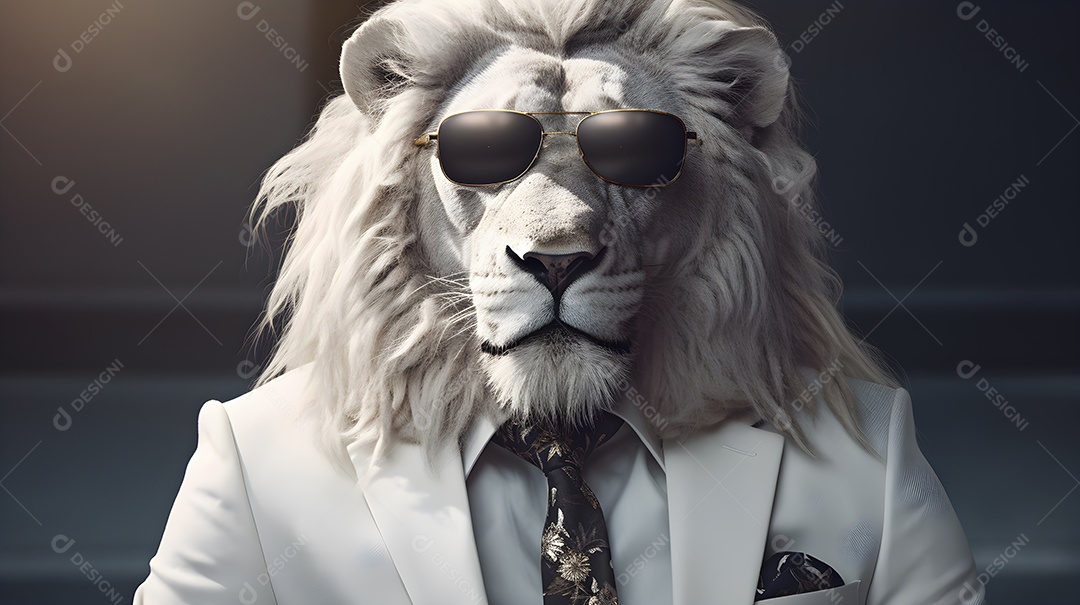 Imagem de um leão usando óculos de sol e um terno em um cenário que sugere um ambiente formal ou de negócios
