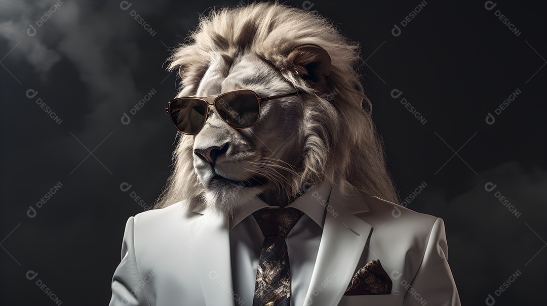 Imagem de um leão usando óculos de sol e um terno em um cenário que sugere um ambiente formal ou de negócios