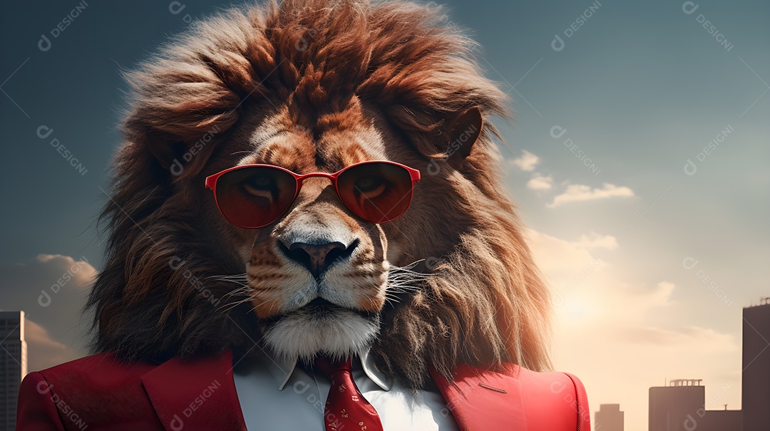 Imagem de um leão usando óculos de sol e um terno em um cenário que sugere um ambiente formal ou de negócios