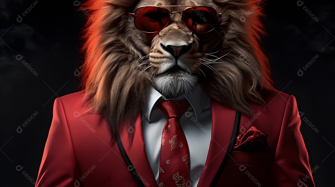 Imagem de um leão usando óculos de sol e um terno em um cenário que sugere um ambiente formal ou de negócios