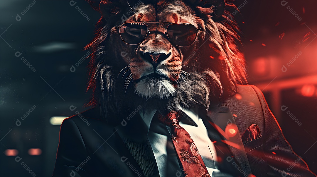 Imagem de um leão usando óculos de sol e um terno em um cenário que sugere um ambiente formal ou de negócios