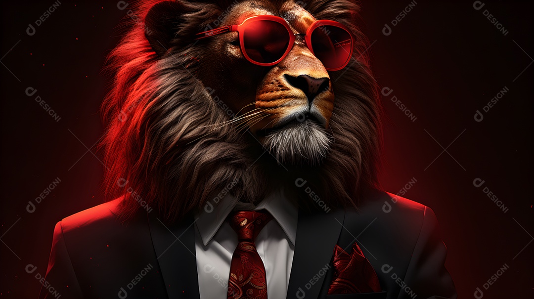 Imagem de um leão usando óculos de sol e um terno em um cenário que sugere um ambiente formal ou de negócios