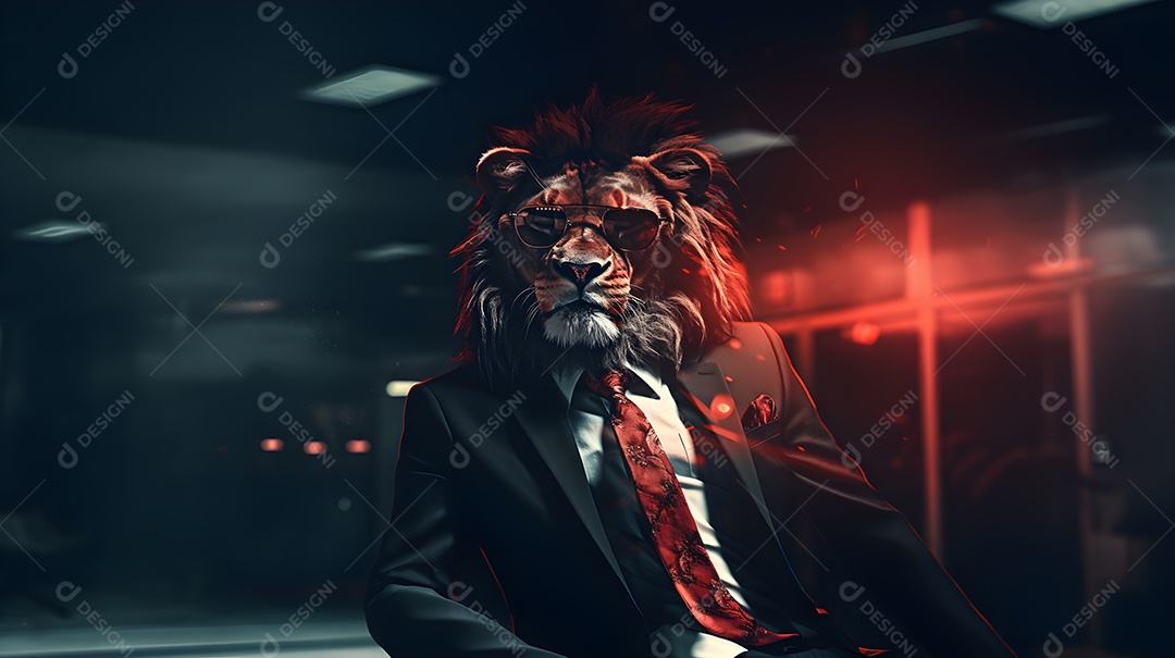 Imagem de um leão usando óculos de sol e um terno em um cenário que sugere um ambiente formal ou de negócios