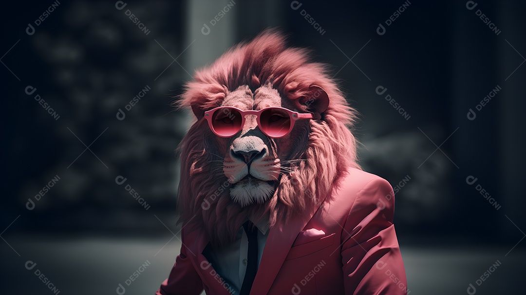 Imagem de um leão usando óculos de sol e um terno em um cenário que sugere um ambiente formal ou de negócios