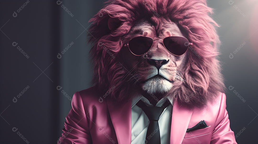 Imagem de um leão usando óculos de sol e um terno em um cenário que sugere um ambiente formal ou de negócios