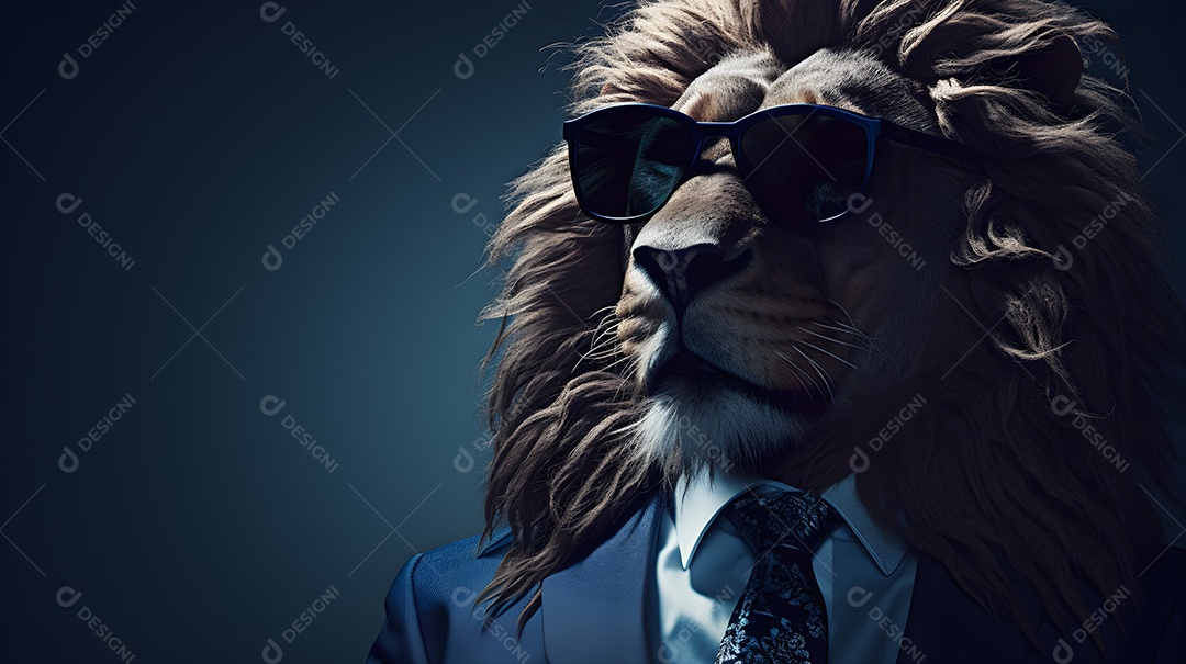 Imagem de um leão usando óculos de sol e um terno em um cenário que sugere um ambiente formal ou de negócios