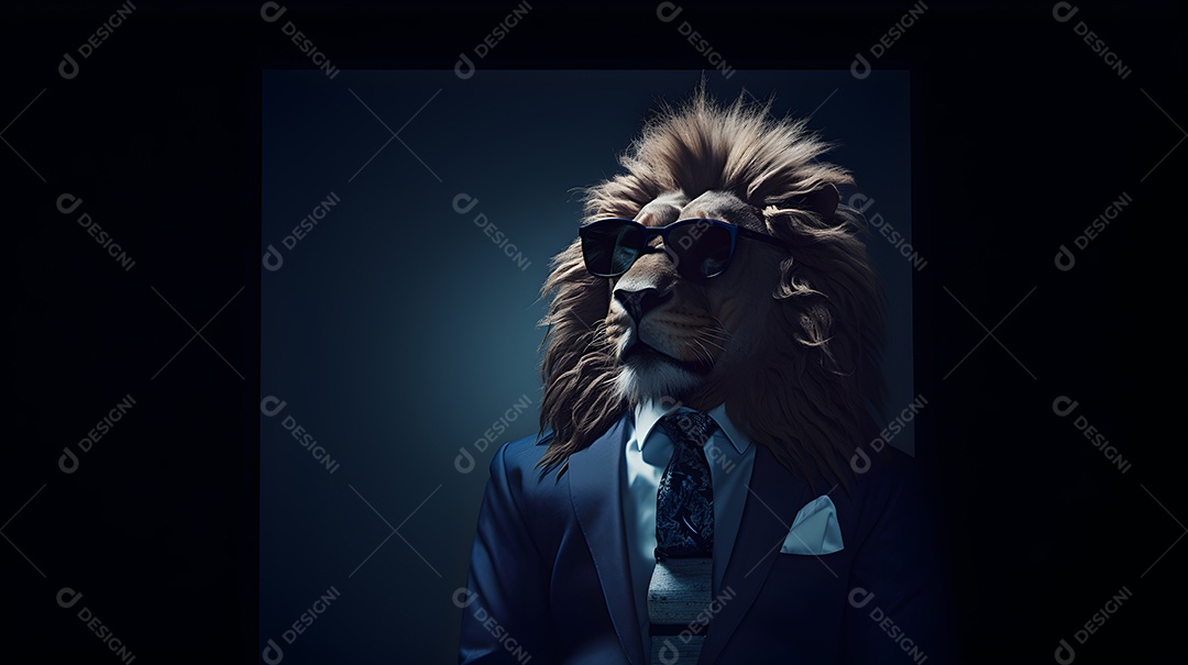 Imagem de um leão usando óculos de sol e um terno em um cenário que sugere um ambiente formal ou de negócios