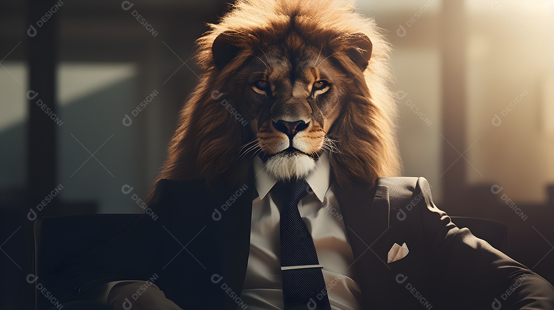 Imagem de um leão um terno em um cenário que sugere um ambiente formal ou de negócios