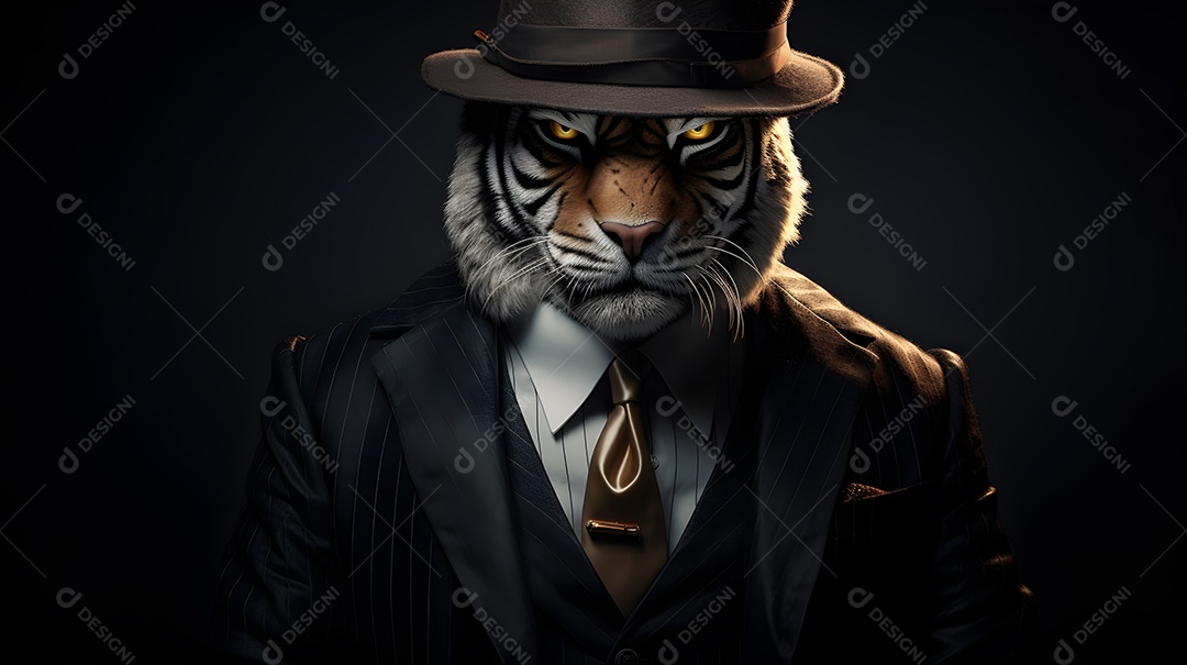 Imagem de um tigre usando um terno em um cenário que sugere um ambiente formal ou de negócios