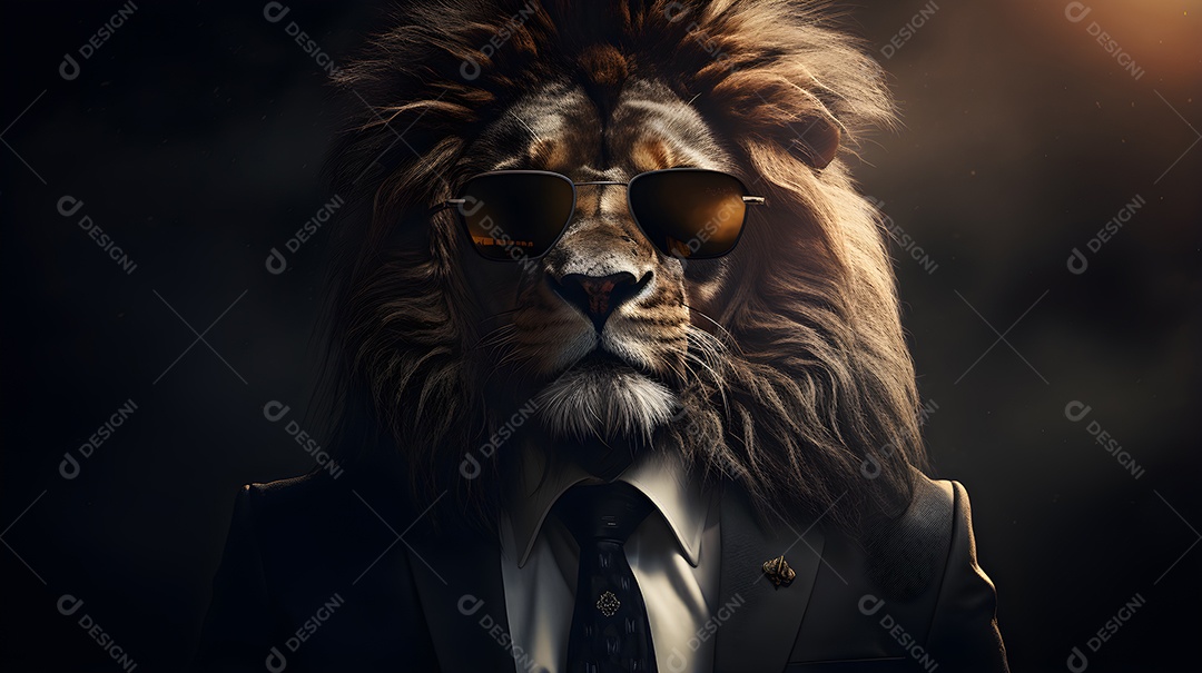 Imagem de um leão usando óculos de sol e um terno em um cenário que sugere um ambiente formal ou de negócios
