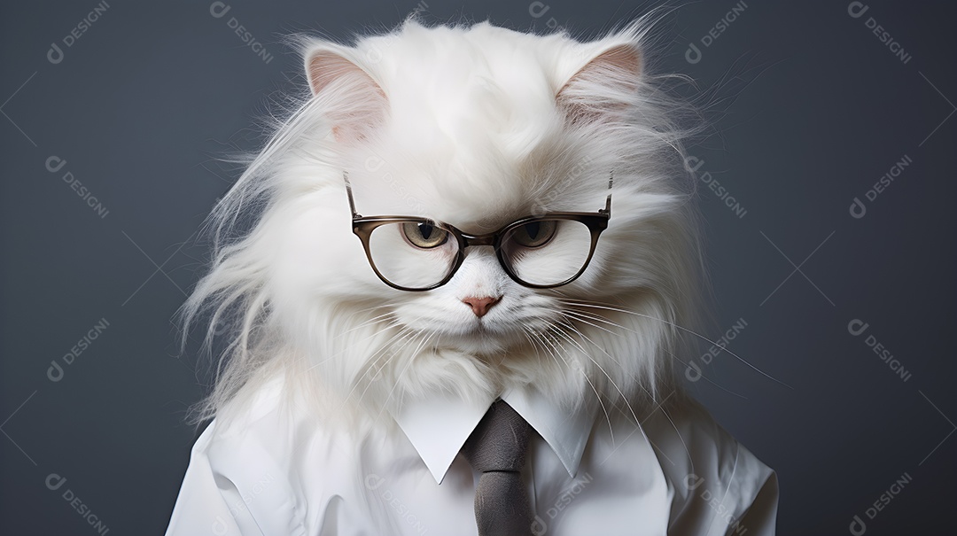 Imagem de um gato usando óculos de sol e um terno em um cenário que sugere um ambiente formal ou de negócios