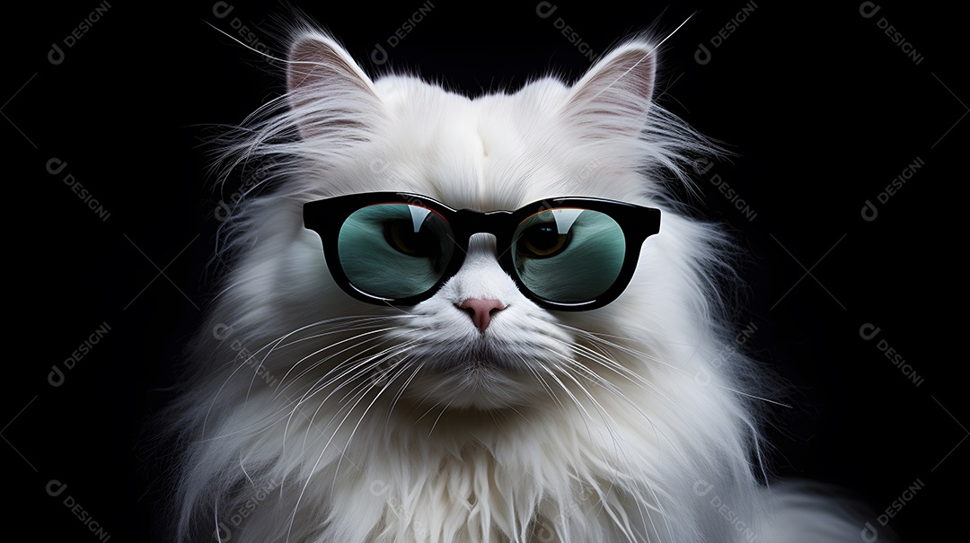 Imagem de um gato usando óculos de sol e um terno em um cenário que sugere um ambiente formal ou de negócios
