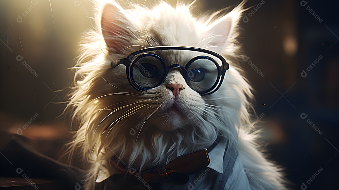 Imagem de um gato usando óculos de sol e um terno em um cenário que sugere um ambiente formal ou de negócios