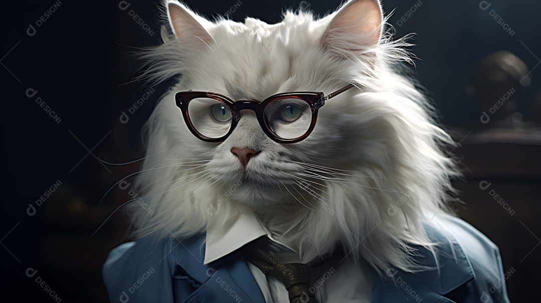 Imagem de um gato usando óculos de sol e um terno em um cenário que sugere um ambiente formal ou de negócios