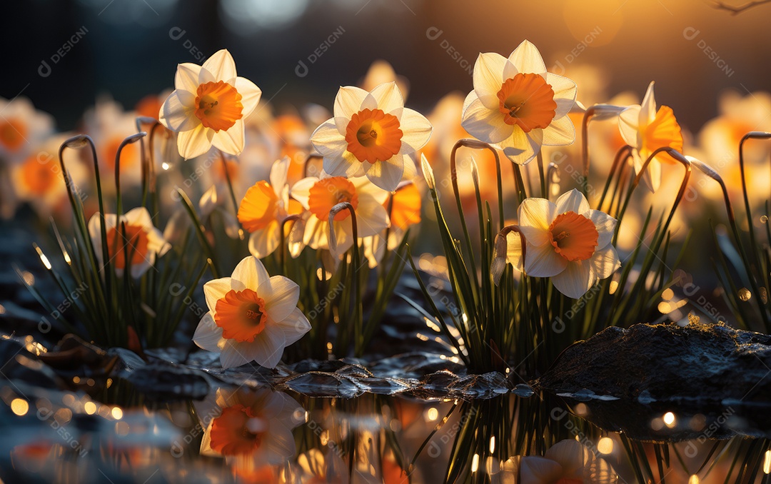 Fundo de flores narciso linda sobre águas