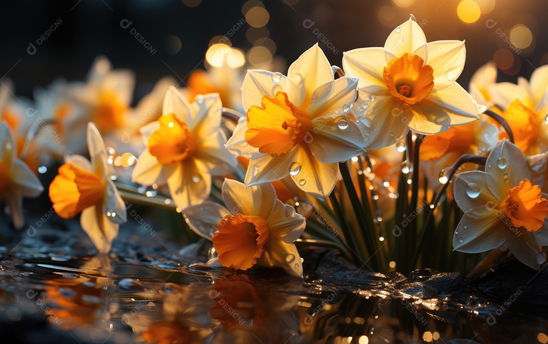 Fundo de flores narciso linda sobre águas