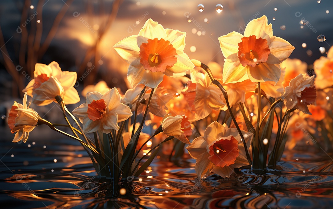 Fundo de flores narciso linda sobre águas