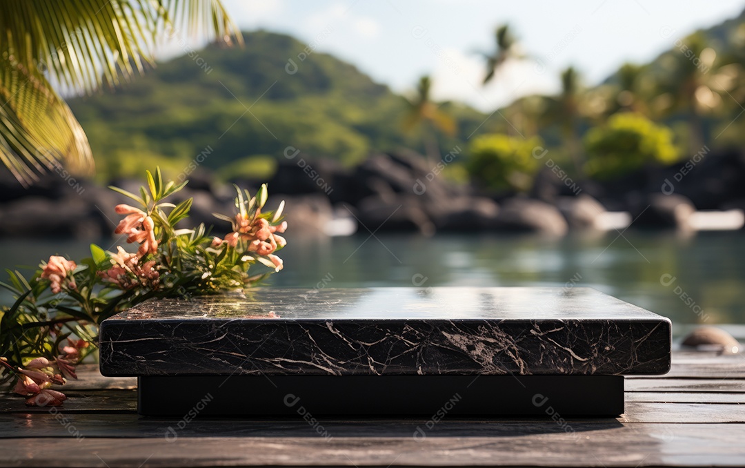 Pódio de mármore preto vazio na mesa sobre fundo de praia tropical