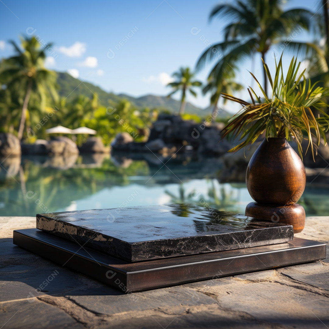 Pódio de mármore preto vazio na mesa sobre fundo de praia tropical