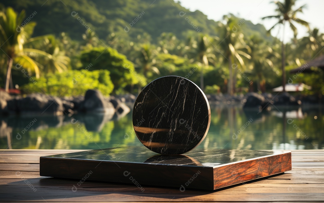 Pódio de mármore preto vazio na mesa sobre fundo de praia tropical