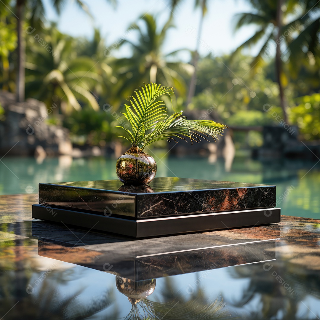Pódio de mármore preto vazio na mesa sobre fundo de praia tropical