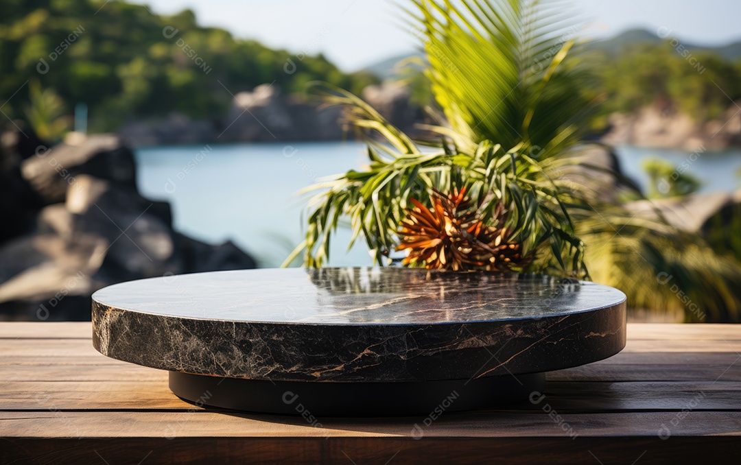 Pódio de mármore preto vazio na mesa sobre fundo de praia tropical