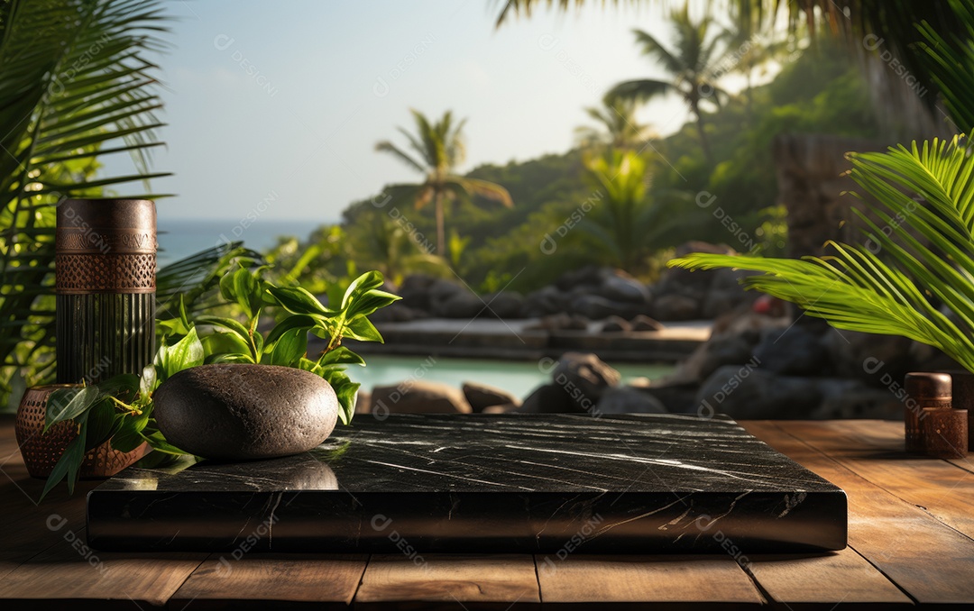 Pódio de mármore preto vazio na mesa sobre fundo de praia tropical