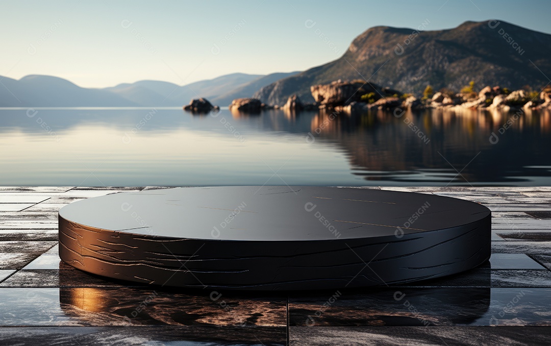 Pódio de mármore preto vazio na mesa sobre fundo de praia tropical