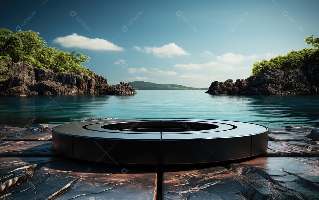 Pódio de mármore preto vazio na mesa sobre fundo de praia tropical