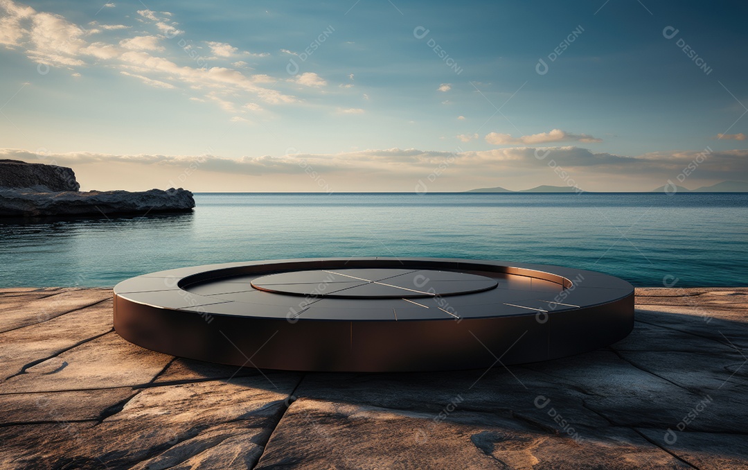 Pódio de mármore preto vazio na mesa sobre fundo de praia tropical