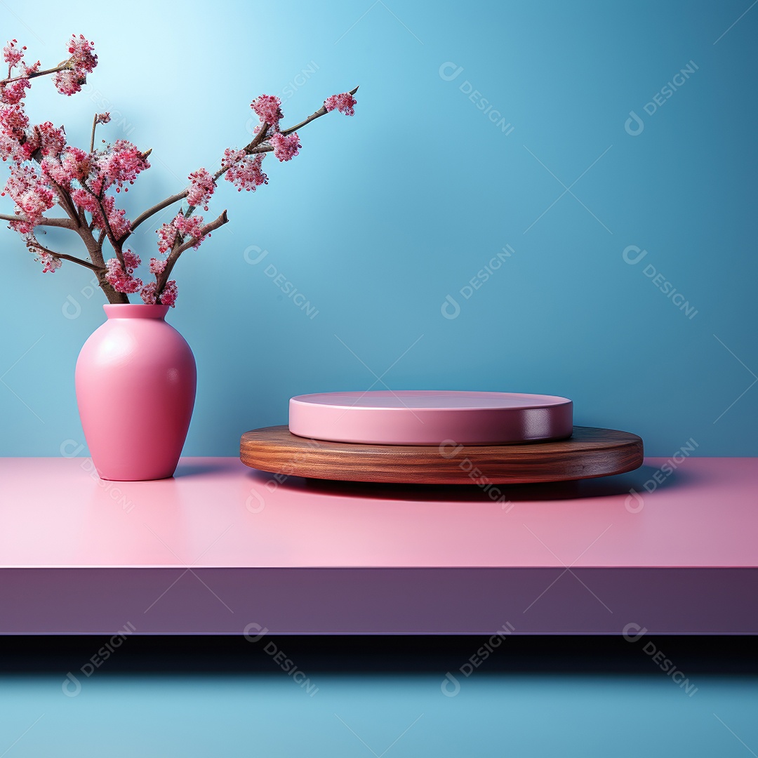 Mesa rosa com topos e jarro rosa com flores