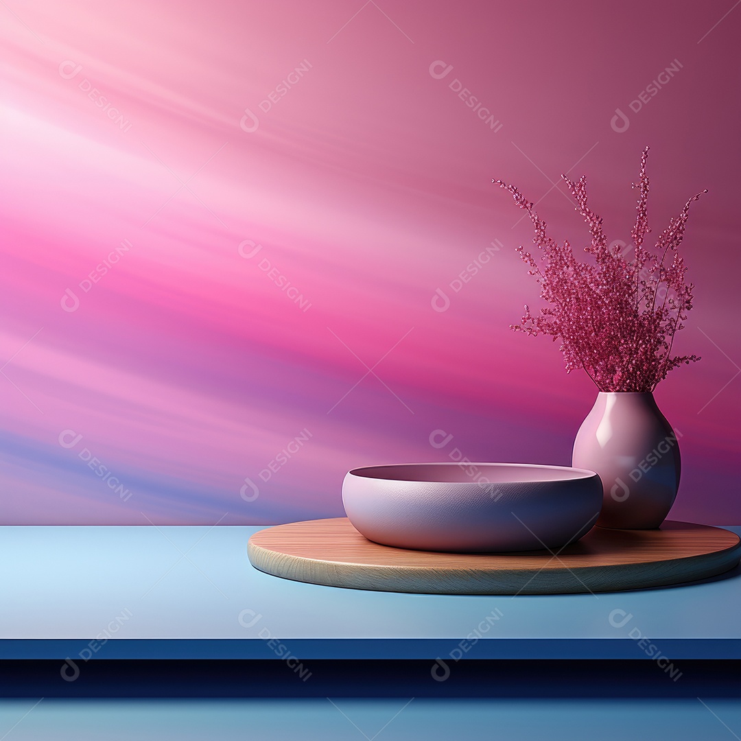 Mesa com vasos de decoração sobre fundo rosa